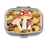 Red White Mushroom Pill Box - 2 Compartment Travel Pill Organizer with Small Mirror, Portable Pillcase for Pocket & Purse, Cute Square Medicine Case, Weekly Medicine Container