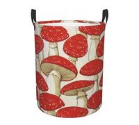 Red White Mushroom Print Collapsible Circular Laundry Hamper - Waterproof Canvas Basket With Handles For Kids Toy Storage, Dirty Clothes Organizer For Bedroom/Laundry Room