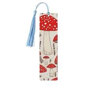 Red White Mushroom Wooden Bookmarks 5pcs with Sky Blue Tassels Handmade Double-Sided Printed Book Marks Page Markers Book Accessories Gift for Book Lovers Women Men