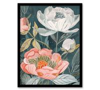 Red White Peonies in Bloom Artwork Wildflowers Framed Art Print Artery8 Blue A4