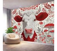 Red White Photo Wallpaper, Scandinavian Folk Art Cow Print Wall Mural, 3D Wall Mural Decoration Poster Design, Canvas Material for Living Room Bedroom Nursery Action 300 x 210 cm (W x H)