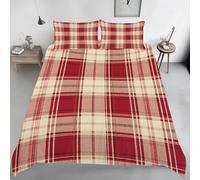 Red White Plaid Duvet Cover Double Size, Tartan Check Print Bedding Set, Soft Microfiber Country Cottage Comforter Cover with 2 Pillowcases, with Zipper Closure & Corner Ties L125y