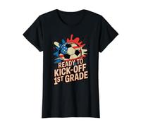Red White Ready to KICK Off 1ST Grade Soccer First Day US Value Graphic T-Shirt, Women, Black, S