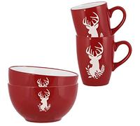 Red & White Reindeer Cereal Bowl and Coffee Tea Mug Breakfast Gift Set