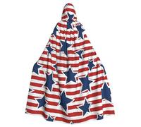 Red White Star Stripe Flag Print Adults Hooded Cloak, Halloween Robe Hooded Cape Witch Wizard Cosplay Costumes For Men Women