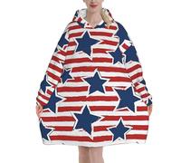 Red White Star Stripe Flag Print Cozy Blanket Hoodie Oversized Wearable For Winter Christmas New Year Celebrations