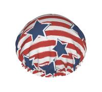 Red White Star Stripe Flag Women Luxury Shower Cap, Double Protection Layers Elastic, Reusable Adjustable Shower Bonnet