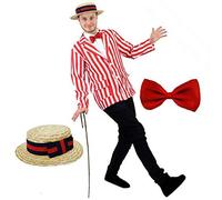 RED WHITE STRIPE BLAZER + STRAW BOATER HAT WITH NAVY & RED RIBBON + RED BOWTIE BARBERSHOP EDWARDIAN PERFECTO FOR FANCY DRESS OR BOOK WEEK JACKET 1920'S SHOW (SMALL)