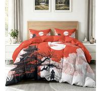 Red-White Super King Duvet, 4.5 Tog Down Alternative Comforter Set with 2 Shams, Reversible Japanese Samurai Trees Coverless Duvet Microfiber Soft Warm Bed Quilt for All Seasons, 220 x 240 cm