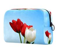 Red White Tulip Flower Cosmetic Bag for Women, Travel Toiletries Bags Large Makeup Handy Pouch Organiser Bag with Zipper