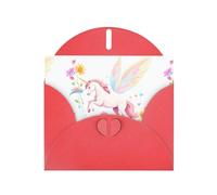 Red WHJSHOP Fantasy unicorn in the sea of ​​flowers Prints Greeting Card - High-End Pearlescent Paper Double Sided Pearl Effect Love Buckle Pearl Paper Envelope