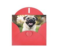 Red WHJSHOP Funny Happy Pug Dog Prints Greeting Card - High-End Pearlescent Paper Double Sided Pearl Effect Love Buckle Pearl Paper Envelope