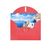 Red WHJSHOP Santorini Greek Island sea View Prints Greeting Card - High-End Pearlescent Paper Double Sided Pearl Effect Love Buckle Pearl Paper Envelope