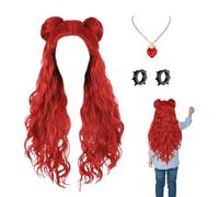 Red Wigs With B.raided Bun, Halloween Long Curly Costume Wigs Set With Necklace Earrings, Women Girls Cosplay Dress Up Accessories Versatile Outfit Supplies For Performance Gathering Stage Party