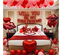 Red 'WILL YOU BE MY GIRLFRIEND' Confession Letter Balloons with red and pink balloons,Heart-Shape, lips, love Foil Balloons and Rose Petals for Romantic Special Night Decorations and Valentines Day