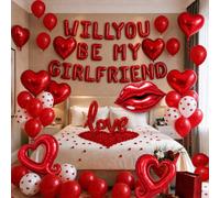 Red Will You Be My Girlfriend letter balloons, Valentine's Day decorations | heart foil balloons and 1000 artificial rose petals. Red latex balloons create romantic scenes for confessions and proposals