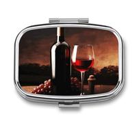Red Wine and Bottle Pill Box 2 Compartments Portable Travel Pill Case Mini Medicine Organizer for Pocket Purse Metal Waterproof Medicine Container Holder Vitamin Fish Oil