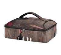 Red Wine Bottle Two Glasses Candle and Red roses on brown Wood Reusable Insulated Pizza Bag, Waterproof Food Delivery Bag, with Handle Lid Leakproof Pizza Holder Tote for Hot or Cold Food