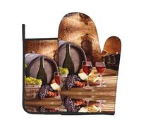 Red Wine Cellar Printed Insulated Oven Mitts for Grilling, Steaming, and Cooking - 20.5 * 20.5cm with Hanging Storage