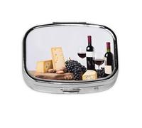 Red Wine Galsses & Grapes with Wooden Print Pill Box 2 Compartment Medicine Pill Case,Portable for Pocket Or Purse Pill Box Decorative Metal Medicine Organizer