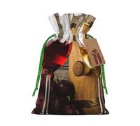 (Red Wine Galsses & Grapes with Wooden) Printed Christmas M Size Gift Bags with Green Ribbon Drawstring Candy Bags for Kids Xmas Holiday Christmas Eve Presents