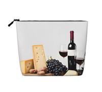 Red Wine Galsses & Grapes with Wooden Single Layer Linen Like Makeup Bag, Lightweight and Cute, Easy to Use