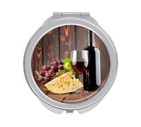 Red Wine Glass and Bottle with cheese Grapes Wood Folding Make Up Mirror, Compact 2X/1X Magnification Mirror, Women Portable Travel Makeup Mirror 2.4 x 2.4 inch