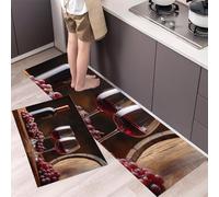 Red Wine Glass Kitchen Rug Set, 2 Pieces Non Slip and Anti Fatigue Country Tavern Kitchen Mat Set, Washable Floor Mat, Dark Brown Standing Mats for Hallway Bedroom 40x60cm+40x120cm