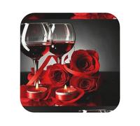 Red Wine Rose And Candle Leather Coasters Set - High-End, Durable, And Easy To Clean - Pack Of 6 Suitable For Various Settings, Including Dining Rooms, Kitchens, Offices