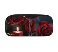 Red Wine Rose And Candle Pencil Case Waterproof Leather Pencil Pouch Multi-purpose Aesthetic Makeup Bag Cute Pen Bag Large Cosmetic Bag for Office Stationery, Travel