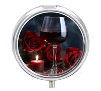 Red Wine Rose and Candle Pill Box 3 Compartment Travel Pill Organizer with Mirror Design Portable Pillcase for Pocket Or Purse Round Medicine Case Weekly Medicine Container Holder for Daily Meds