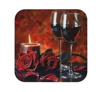 Red Wine Rose and Candle Print Leather Coaster Set of 6, Square Coasters Table Decorative Coffee Cup Beverage Coasters Wine Beer Bar Coasters for Hot Drinks Table Protection