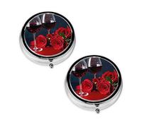 Red Wine Rose and Candle Print Pill Box 3 Compartment Medicine Pill Case,Portable for Pocket Or Purse Pill Organizer Decorative Metal Medicine Vitamin Organizer Unique Gift