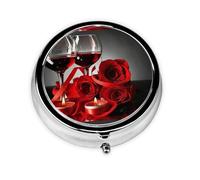 Red Wine Rose and Candle Print Pill Box Purse Small Round Pill Case Decorative Box Metal Medicine Vitamin Pill Organizer for Pocket Or Purse