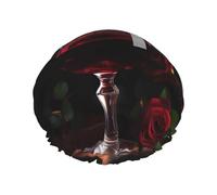 Red Wine Rose and Candle Print Shower Cap, Shower Cap for Women Reusable, Waterproof Bath Cap,Quick Drying Bath Hair Cap