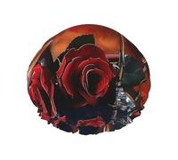 Red Wine Rose and Candle Printed Double-Layer Waterproof Shower Cap - Reusable Spa & Face Mask Bathing Hat for Travel, Home Care & Beauty Routine
