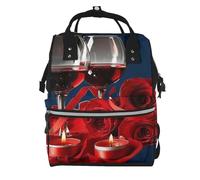 Red Wine Rose and Candle Prints Changing Bag Backpack Baby Diaper Bags for Mom Dad, Waterproof Nappy Rucksack Multifunctional Travel Bag