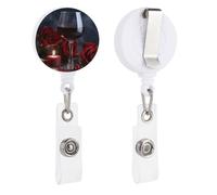 Red Wine Rose and Candle Retractable Badge Reel - Personalized ID Name Badge Holder with Lanyard Cute Badges Reel Holder Round Nurse Doctor Name Tag Badges Clip for Work