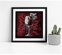 Red wine woodcut Stunning Framed Wall Art Picture Print Square - 35cm wide x 35cm high - Black Frame