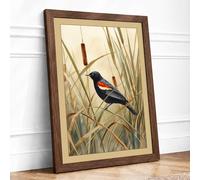 Red-Winged Blackbird Botanical Framed Wall Art Print A3 (42×29.7cm) Walnut, Wall Decor for Living Room, Bedroom, Office & Home, Ready to Hang, Art Gift
