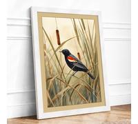 Red-Winged Blackbird Botanical Framed Wall Art Print A3 (42×29.7cm) White, Wall Decor for Living Room, Bedroom, Office & Home, Ready to Hang, Art Gift