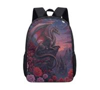 Red Winged Dragon 17 Inch Backpack Gothic Fantasy Castle Rose Print Student School Bag Durable Teen Daypack for Kids (01)