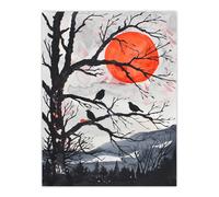 Red Winter Sun and Birds on Forest Tree Landscape Wall Art Print Artery8 Orange W24 inch x H32 inch
