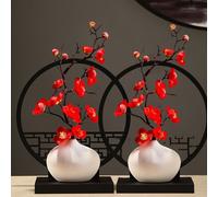 (Red With Pot And Screen) 2 Sets of 6 Elegant Chinese Style Artificial Plum Blossom Potted Plants, with Plastic Flowers, Flowerpots and Screen Base
