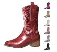 Red Women Western Cowboy Boots Metallic Pointed Toe Embroidered Cowgirl Boot Mid-Calf Pull-On Chunky Heel Ankle Mid Shaft Fashion Boots Country Music Festival Vintage Calf Length Booties UK 4.5
