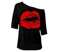 Red Women's Big Lip Print Short Sleeve Off The Shoulder Top, Sexy Lips Graphic Baggy Style T Shirt for Casual & Party Wear 1/2 Sleeves 80s T-Shirts Women Carnival Fashion Pullover Tee Tops