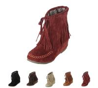 Red Women's Fringe Western Cowgirl Boots Wide Fit Ankle Boots Cowboy Boot, Pull on Vintage Boho Suede Moccasins Shoes Moccasin Short Booties Footwear UK 6.5
