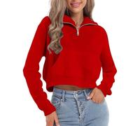 Red Womens Quarter Zip Pullover Cropped Sweatshirt Long Sleeve Stand Up Lapel Collar Thermal Jumpers with Pockets Teen Girls Fashion Y2K Outdoor Streetwear Solid Color Short Style Outfits