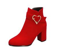 Red Women's Side Zip Chunky Heels Ankle Boots,Faux Suede Round Toe Block High Heel Ankle Boots Vintage Elegant Short Boots Fall Winter Shoes with Heart-Shaped Buckle Decor Footwear Gift UK 6.5