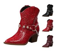 Red Womens Western Cowboy Boots Ankle Boots with Metal Chain Pointed Toe Cowgirl Boot Pull-On Stylish and Beautiful Party Dressing Boots for Ladies Metallic Shinny Short Booties Footwear UK 3.5